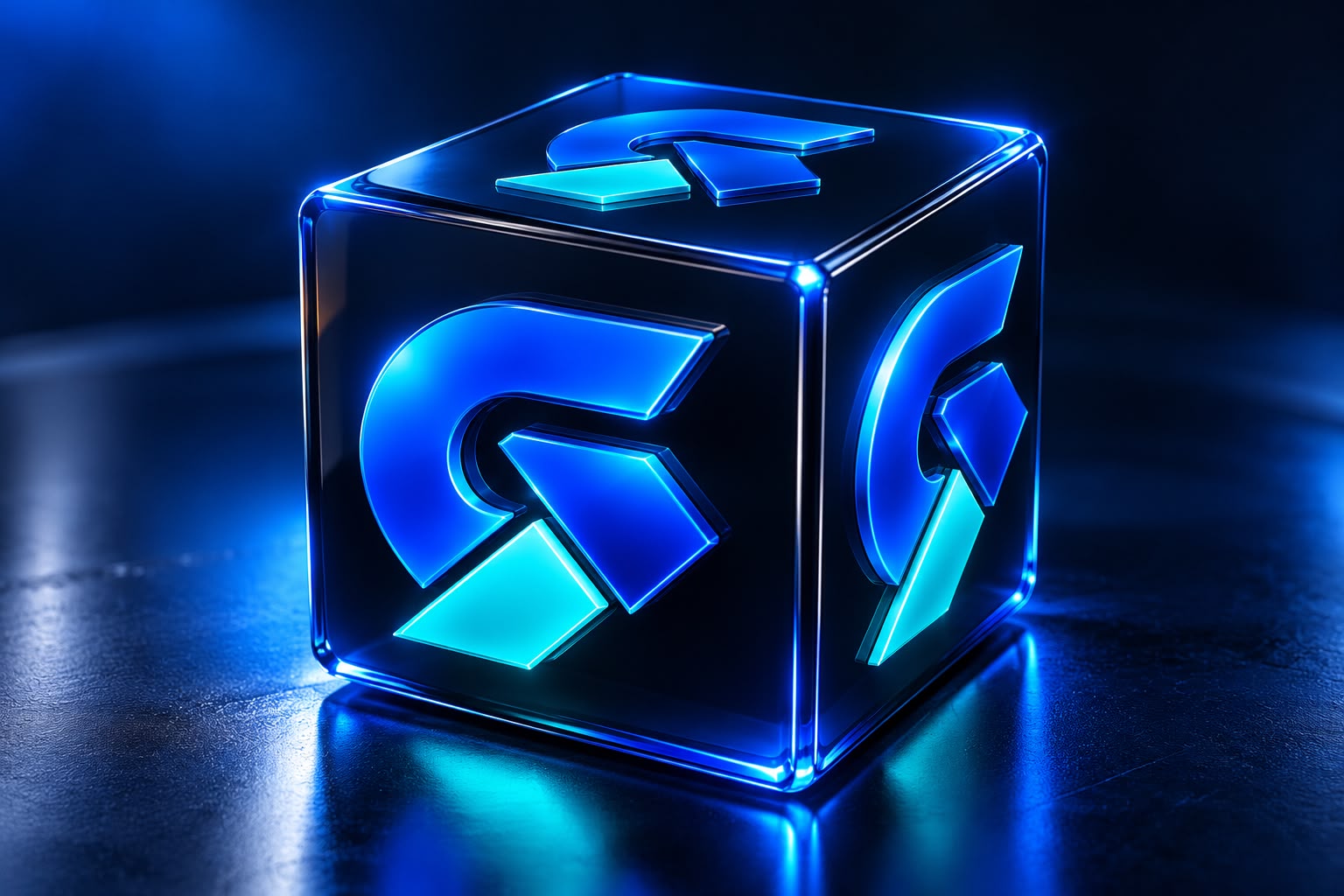 Cubo de vidro Getil com símbolo G em relevo, reflexos azuis e luz ciano